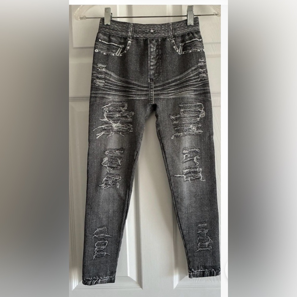 Girls Destressed Skinny Jeans/Jeggings Pull On Elastic Waisteband Grey S-M
